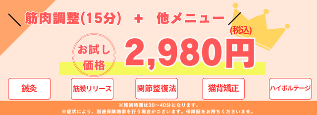 筋肉調整(15分)+他メニューコースが2,980円(税込)に！