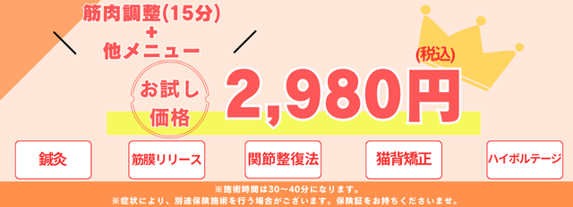 筋肉調整(15分)+他メニューコースが2,980円(税込)に!